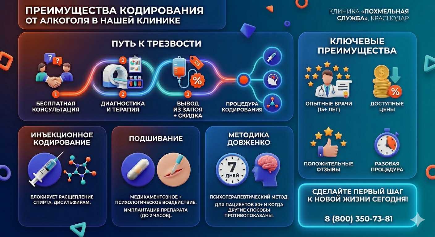 Инфографика о методах кодирования от алкоголя в Олонце: инъекции, подшивание, метод Довженко. Преимущества клиники и этапы лечения.